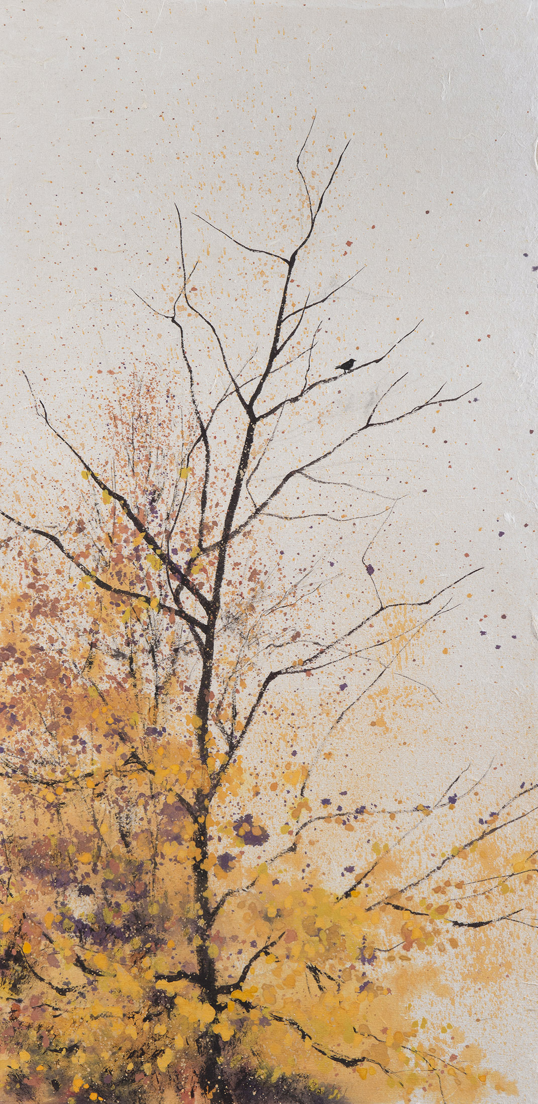 Peinture Encre de Chine et pigments oiseau sur la branche