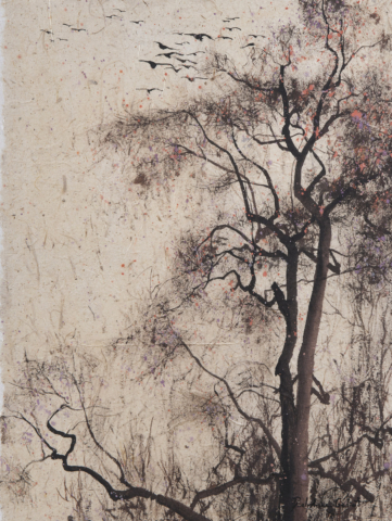 Peinture Encre de Chine et pigments sur papier Arbre aux oiseaux