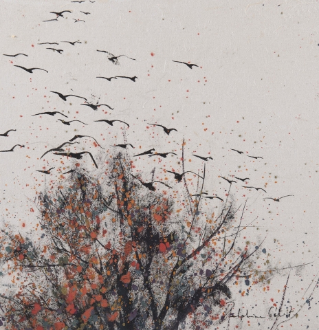 Encre et pigments arbre et oiseaux