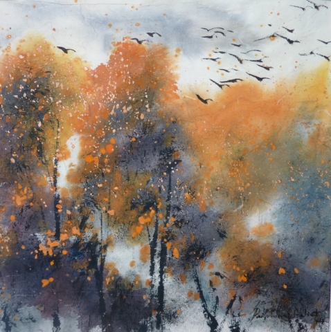 Peinture Encre de Chine et pigments Arbres automne