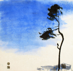 Peinture paysage oiseaux à l' encre