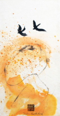 Peinture paysage oiseaux à l' encre