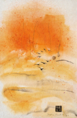 Peinture paysage oiseaux à l' encre