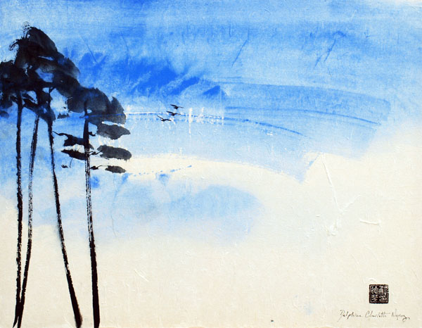 Peinture Encre de Chine et pigments paysage