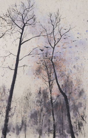 Peinture Encre de Chine et pigments arbre et oiseaux