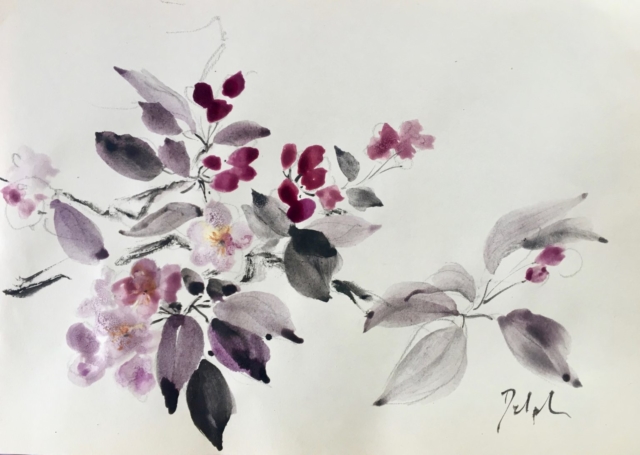 Delphine Geliot peinture lavis encre cerisier en fleurs